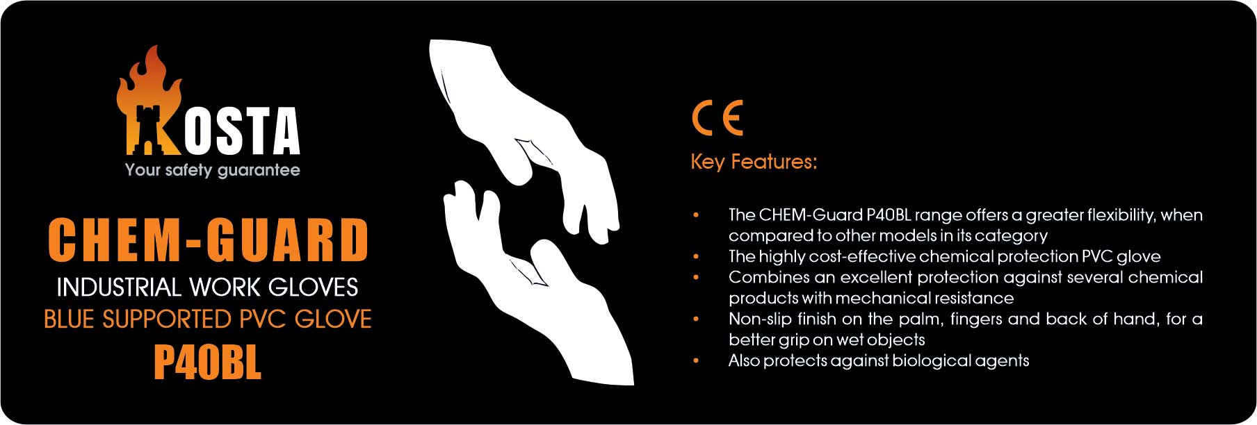 دستکش ایمنی ضد اسید PVC کاستا مدل Chem-Guard P40BL